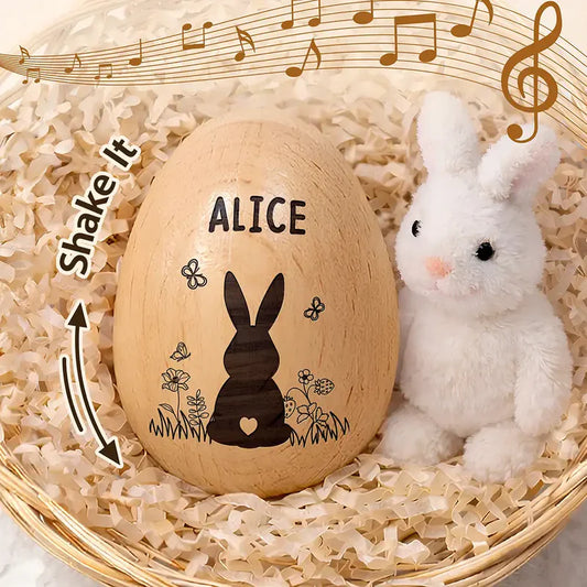 Personalized Musical Wooden Easter Egg Shaker - Bunny With Spring Flowers